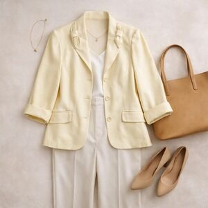 Bloomingdales Vintage Chic Bow Lapel Blazer Cream 3/4 Sleeve Button Front Jacket